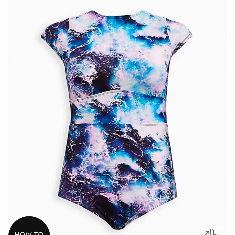 TORRID blue white pink ocean waves one piece swimsuit, 4X. - Picture 6 of 9